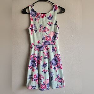 Women's XS small 6 dress short deep v back teal floral pink purple sleeveless